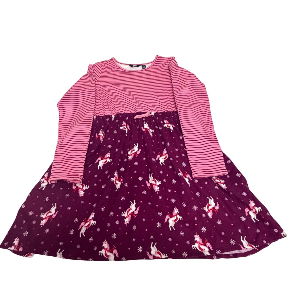 Lands End Kids XL 14-16 Pink Purple Striped Unicorn Snowflake Long‎ Sleeve Dress
